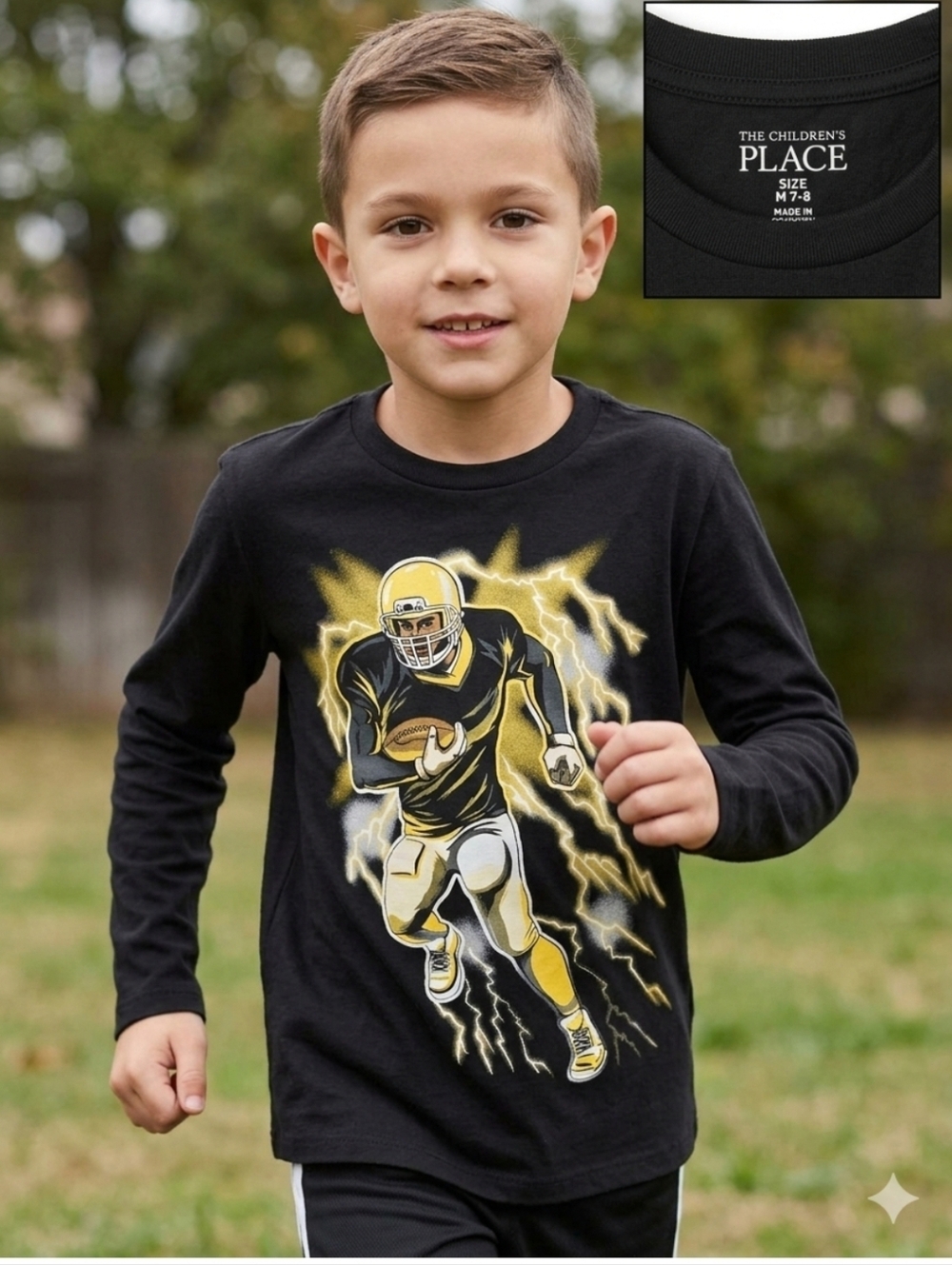 Place Black Long-Sleeve Tee with Yellow & White Football Runner Graphic